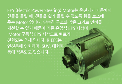 EPS (Electric Power Steering) Motor는 운전자가 자동차의 핸들을 돌릴 때, 핸들을 쉽게 돌릴 수 있도록 힘을 보조해 주는 Motor 입니다. 단순한 구조와 작은 크기로 연비를 개선할 수 있기 때문에 기존 유압식 EPS 시장이 Motor 구동식 EPS 시장으로 빠르게 전환되는 추세 입니다. R-EPS는 엔진룸에 위치하며, SUV, 대형차등에 적용되고 있습니다.